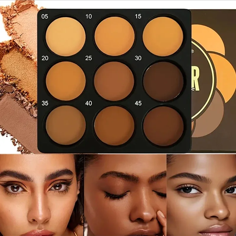 Paleta facial 9 en 1 de tono de piel oscura, corrector resistente al agua, paleta de maquillaje de trigo bronceador de contorno de 9 tonos para mujer