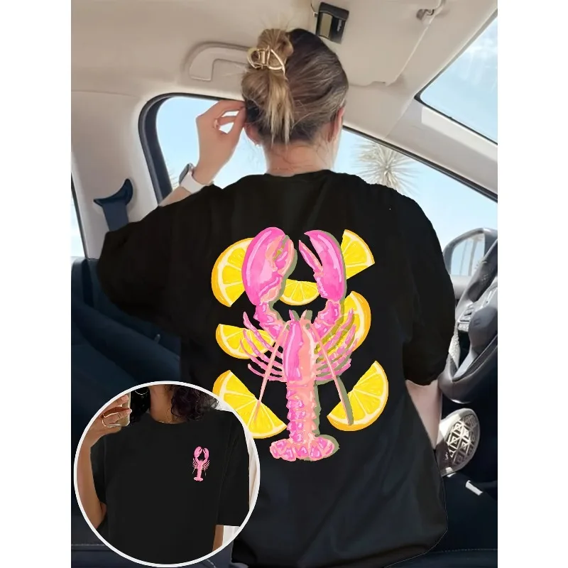 Women's Lobster Lemon Slice Printed Short Sleeved T-shirt Summer Top Women's Beach Wear Y2K Summer Pattern Casual T-shirt