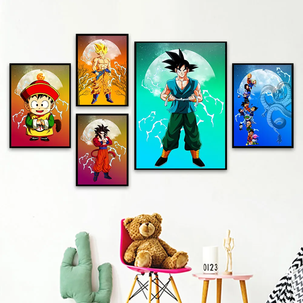 

Posters Anime Dragon Ball Peripheral Figures Gohan Goku Canvas Painting Wall Art Cartoon Moon Mural for Bed Room Decorate Gifts