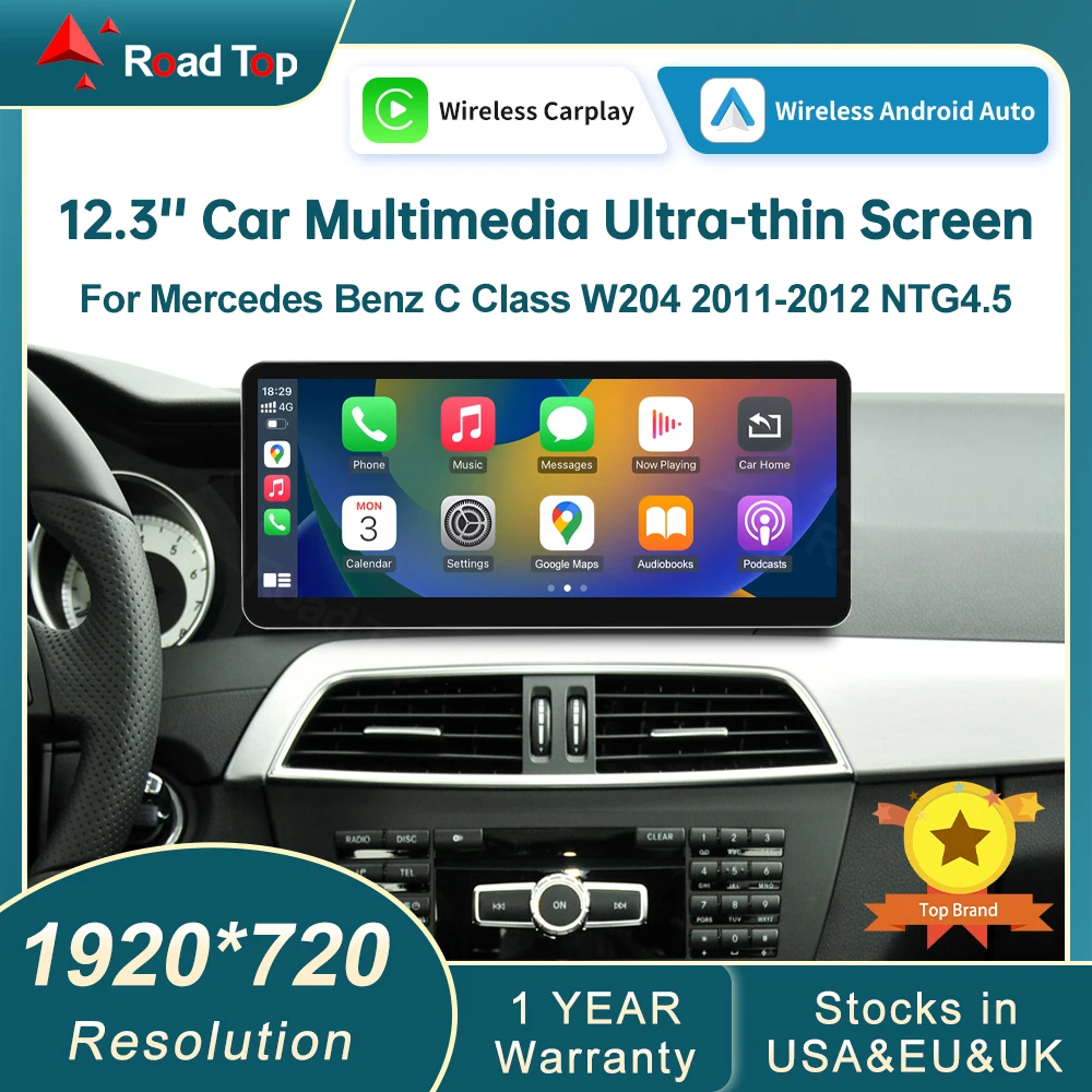 RoadTop DE Stock 12,3 Zoll für Mercedes-Benz C-Klasse W204 S204 NTG4.5 2011-2014 Linux HD-Bildschirm, Auto-Stereo-Touchscreen, unterstützt Wireless CarPlay, Android Auto, Mirrorlink, beibehält