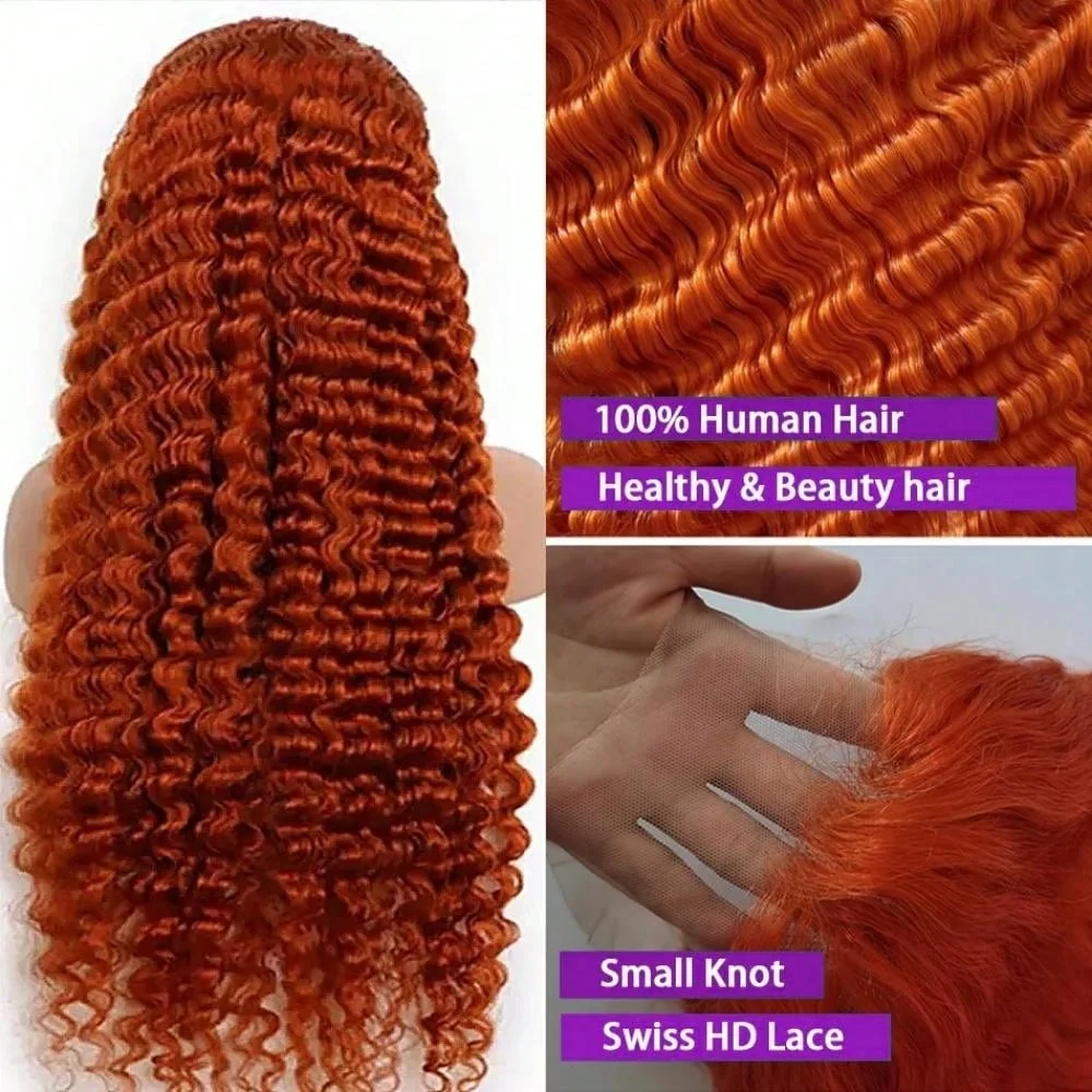 موجة عميقة الدانتيل الجبهة الباروكات شعر الإنسان شفافة الزنجبيل الدانتيل الباروكة الأمامية للنساء 13 × 4 قبل قطعها اللون البرتقالي شعر مستعار مجعد 350