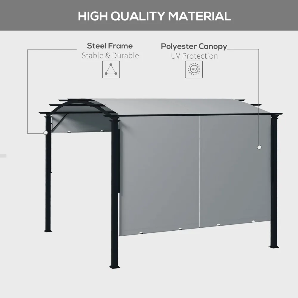 11' x 11' buiten intrekbaar, gebogen zonnescherm, metalen frame terrasluifel voor achtertuin, tuin, veranda, strand, grijs