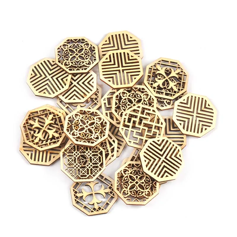 10Pcs/lot 4cm Mixed Hexagon Hollow Lace Wooden Crafts DIY Scrapbookings Ornaments Handmade Supplies Wood Slice Home Decor C3414