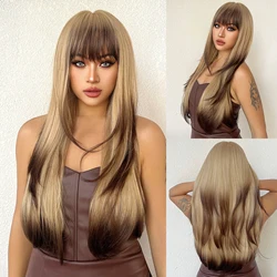 Ombre Blonde Brown Synthetic Wigs with Bangs Long Straight Wig for Women Cosplay Natural Fake Hair High Temperature Fiber