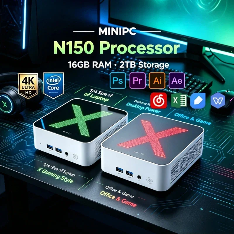 프리미엄 X 휴대용 미니 PC, 인텔 코어 N150, 윈도우 11, 32GB RAM, 2TB SSD, Wi-Fi 6, 블루투스 5.2, 4K 해상도 지원. 게임, 스트리밍, 비디오 편집, 가정 및 사무용으로 적합.