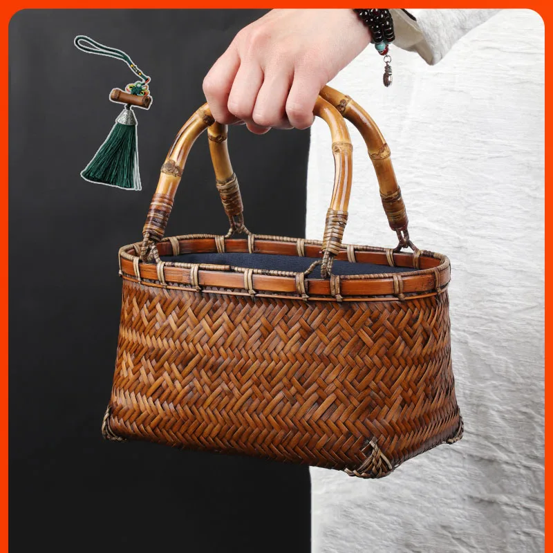 Hand Woven Bamboo Bag Summer Bead Handbag Women\'s Knitting Fashion Retro Mini Women\'s Handbags Creative Tea Set Storage Bags