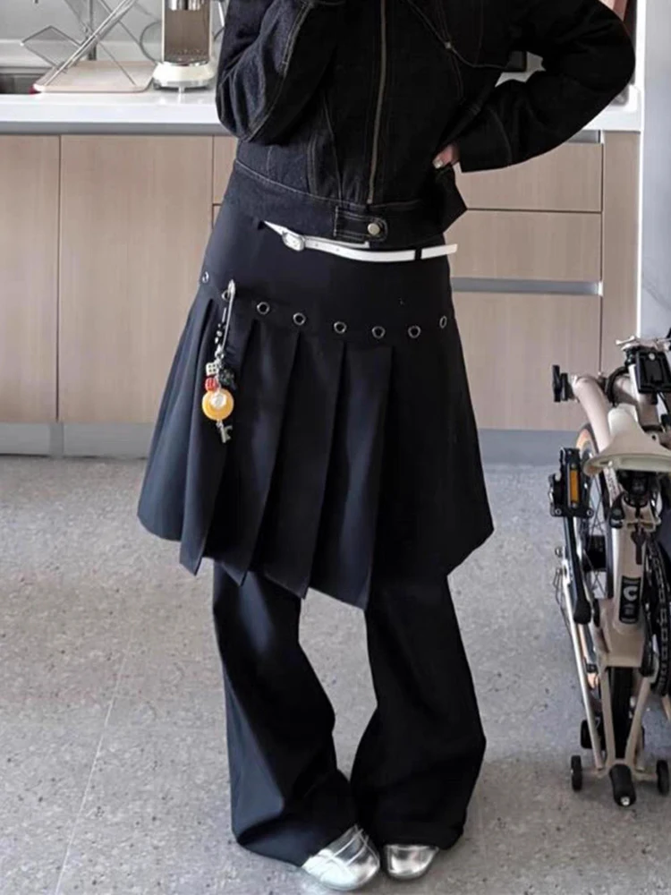 RORORIRI Eyelets Black Pleated Skirt Layered Bell Bottoms Women Casual Plain Mock Wide Leg Bootcut Suit Pants Punk Retro Clothes