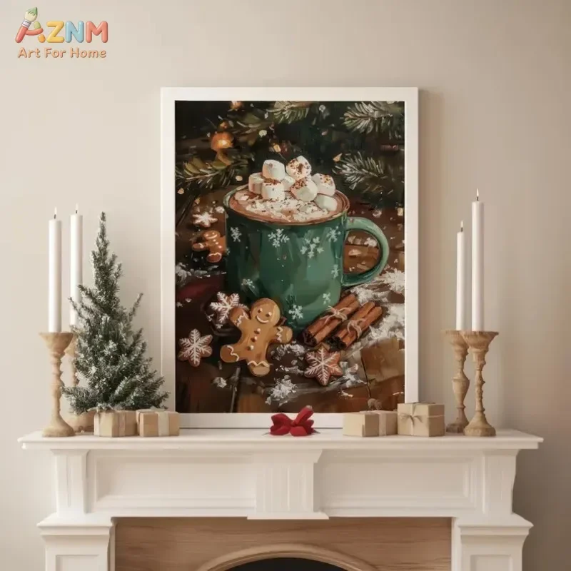 AZNM Christmas Hot Cocoa Mug Gingerbread Man Frameless Canvas Print, Vintage Winter Holiday Food Art Poster for Kitchen Wall Dec