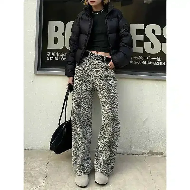 Vintage Leopard Print Jeans Women Spring Oversize Casual Hip Pop Wide Leg Trouser Trend High Waist Panther Denim Pants Ladies