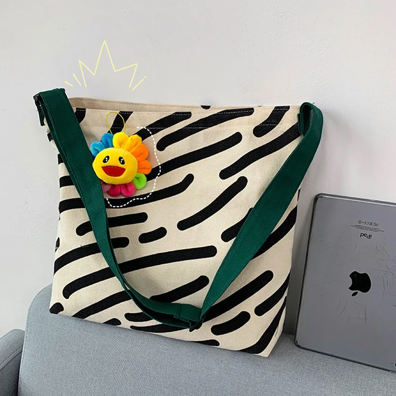 Bolsa de ombro feminina, estampa com listras zebra, bolsa casual feminina, sacola de grande capacidade, reutilizável, algodão, praia, compras