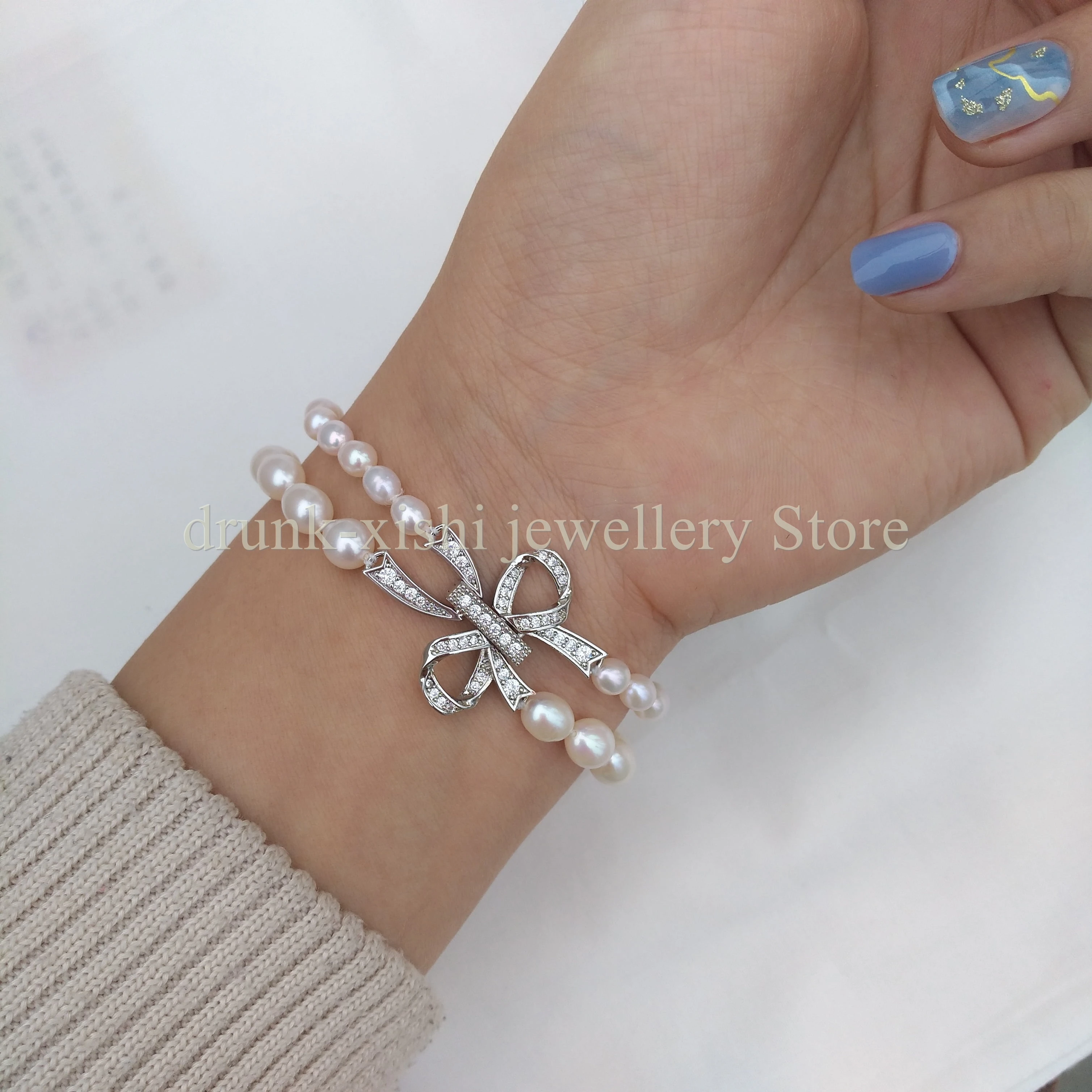 

7.5-8" Exquisite Rice-Shaped Luster White Genuine Natural South Sea Pearl Bracelet 2 Strand Silver Bow Clasp Free Shipping