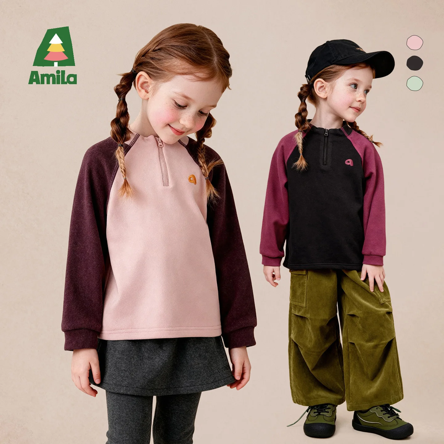 Amila 2026 Winter New Kids T Shirt Half Zip Raglan Sleeve Color Block Letter Embroidery Extra Soft Warm Cozy Daily Versatile Top
