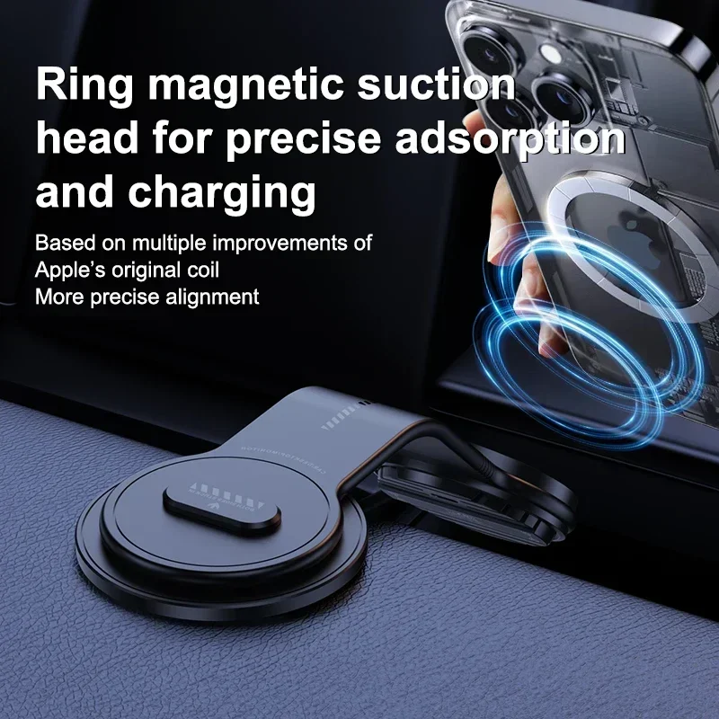 15W Wireless Car Charger Bendable Cell Phone Holder Magnetic Stand in Car Magnets For iPhone 16 15 14 Magsafe Car Mount Charger