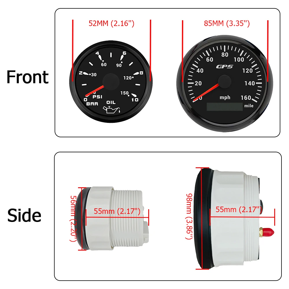 ELING 6 Gauge Set 85mm 0-160MPH GPS Speedometer 0-8000RPM Tachometer + 52mm 0-120℃ Water Temp Oil Pressure Fuel Level Voltmeter