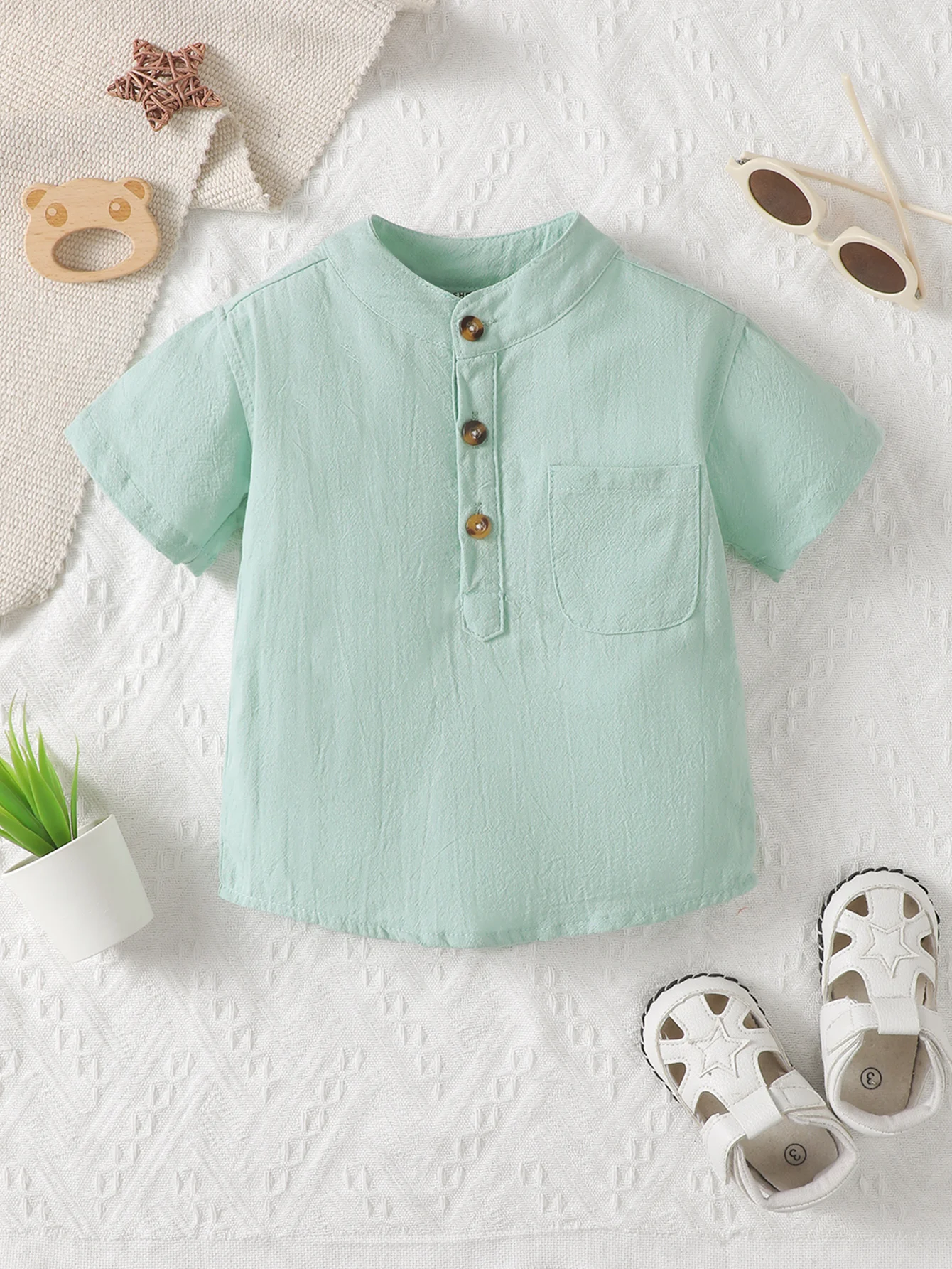 Baby Boys Mint Green Small Fresh Top Small Stand Collar Pocket All Short Sleeved Baby Boys Partial Formal Wind Summer T-Shirt