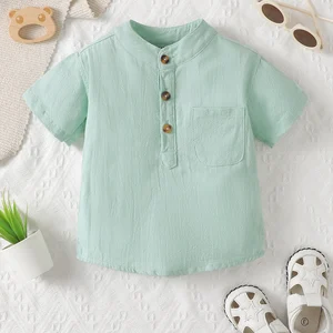 Baby boys short sleeve stand necklace pocket t-shirt, mint green top, formal partial wind, small fresh pocket, summer 8 Main Sales Mint Blouse - №7
