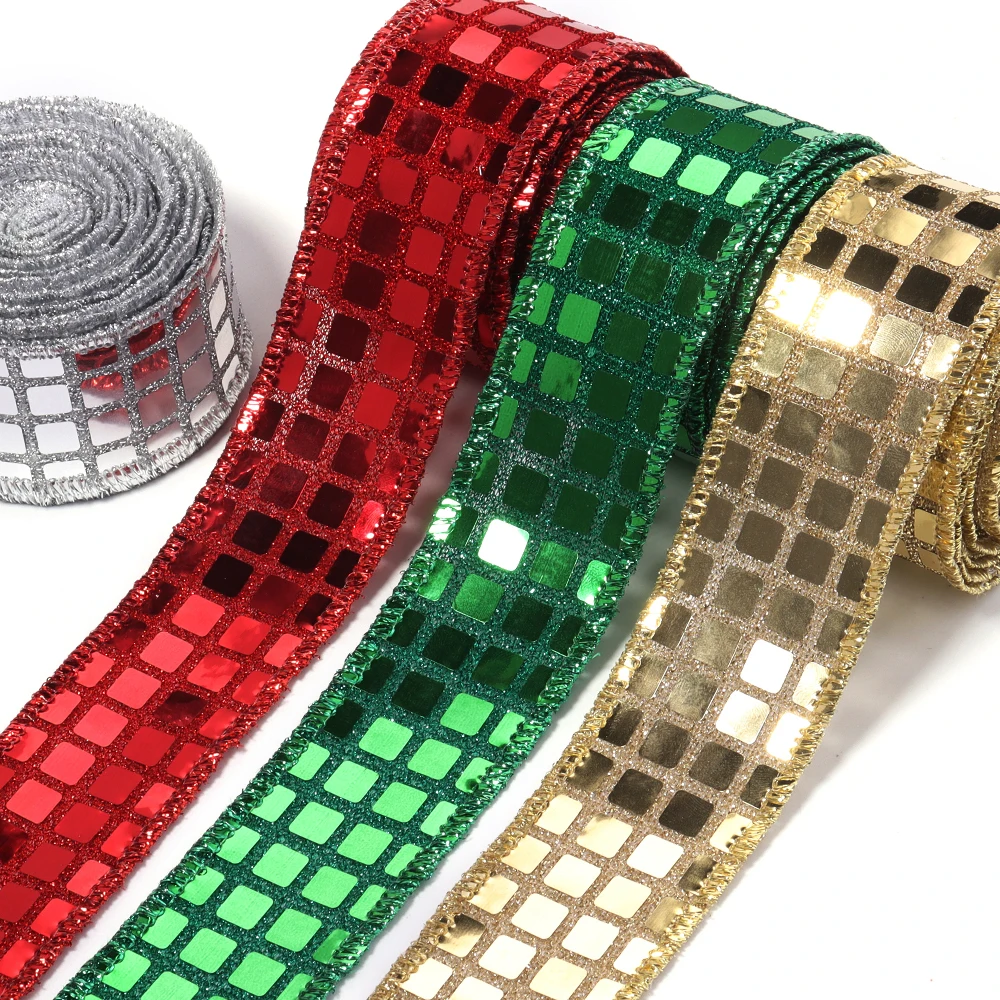 3Yards 4cm Sequins Ribbon Glitter Polyester Square Grid Ribbons For DIY Clothes Sewing Gifts Wrapping Bow Chrismas Decoration