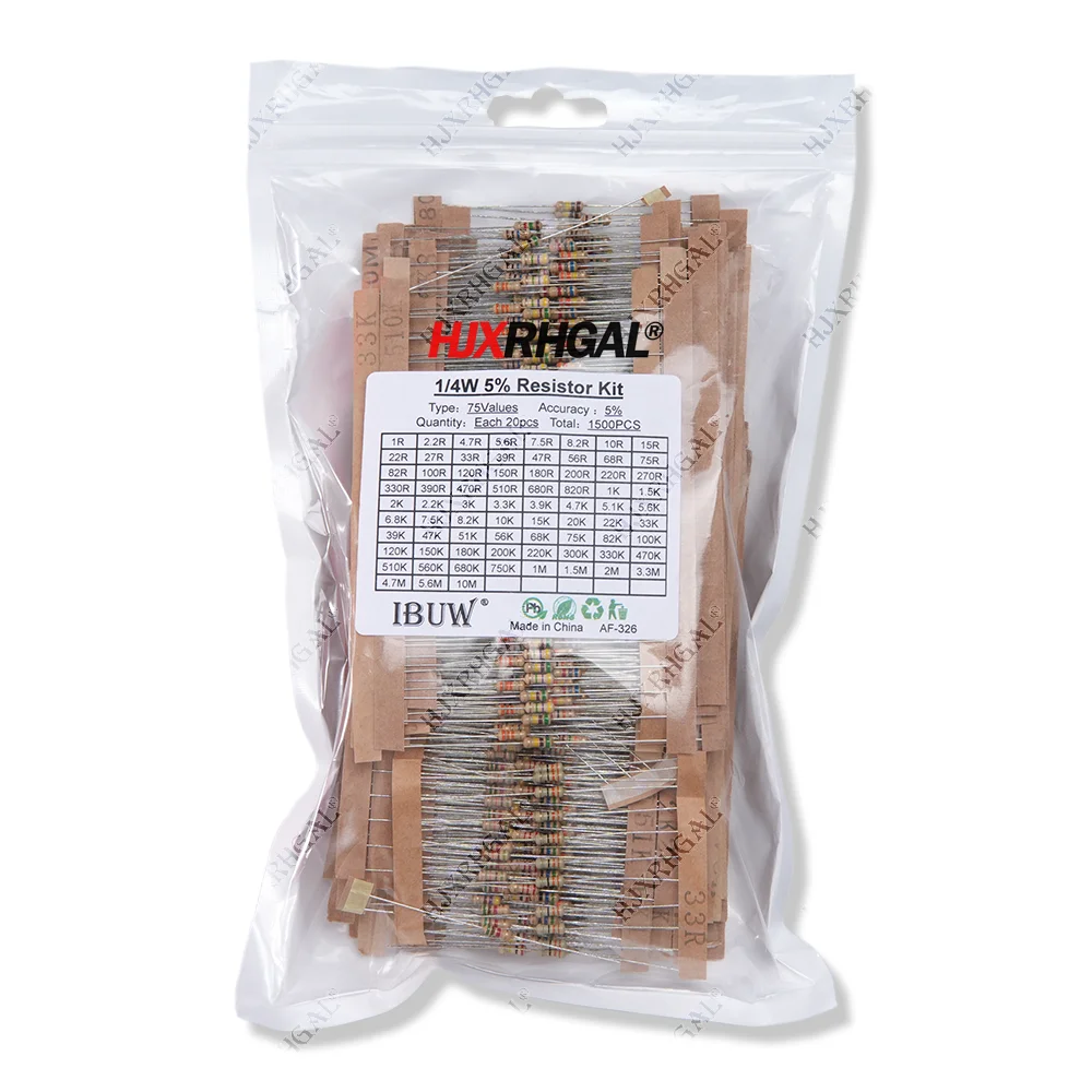 1500 Stück 1/4 W Kohleschichtwiderstände, sortiertes Kit, 75 Werte (1 Ohm ~ 10 M Ohm), Widerstand 5 % Toleranz, Widerstandspaket