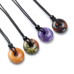 Crystal Agate Natural Stone Safety Buckle Necklace Donut Woven Pendant Necklace Jewelry Accessories Gift