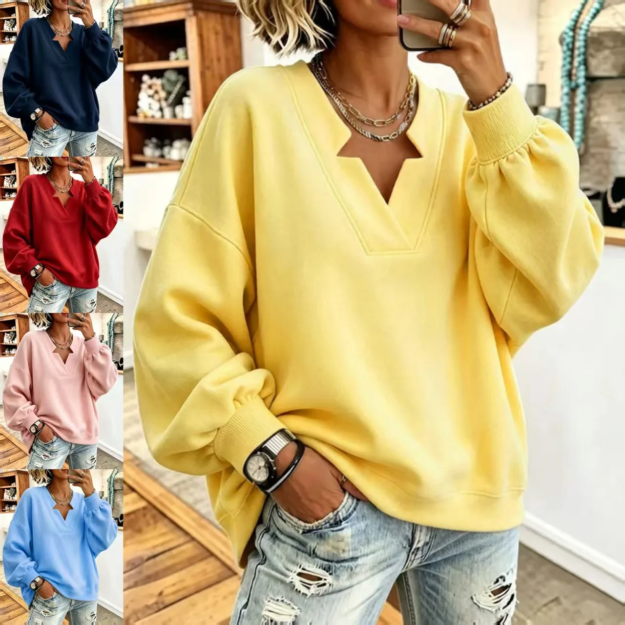 2026 New Women's Top, Comfortable Ribbed Cuffs, V-neck Loose-fitting Random Sweatshirt Luxury Vestidos Bandage