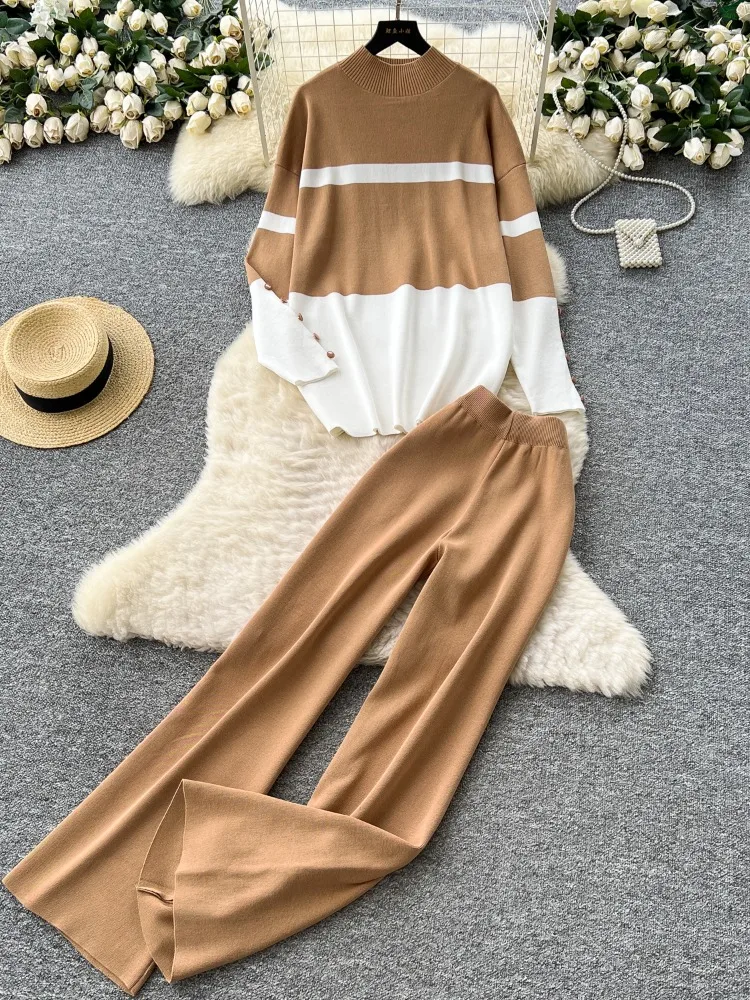 

Повседневный свободный вязаный пуловер в полоску с длинными рукавами + брюки с эластичной резинкой на талии, комплект из 2 предметов, новый осенне-зимний женский костюм