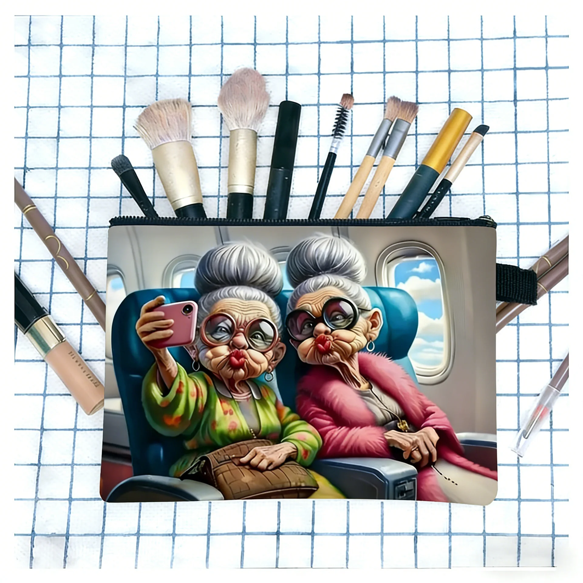Retro Old Lady Main Picture Double-sided Printed Change Bag Large Capacity Cosmetic Bag Travel Storage Toilet Bag Makeup Pouch