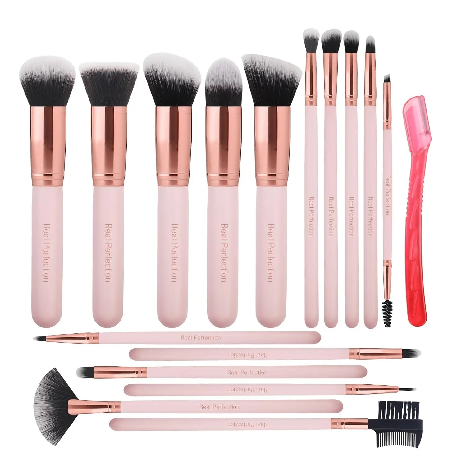 

16-Piece Makeup Brush Set with Eyebrow Razor, Premium Synthetic Brushes for Foundation, Eyeshadow & Blush - Pink