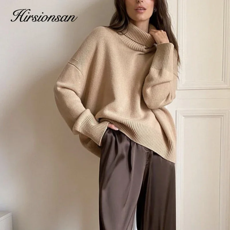 Hirsionsan Turtle Neck Cashmere Sweater Women Korean Style Elegant Thick Warm Female Knitted Pullovers Loose Casual Outwear 2023