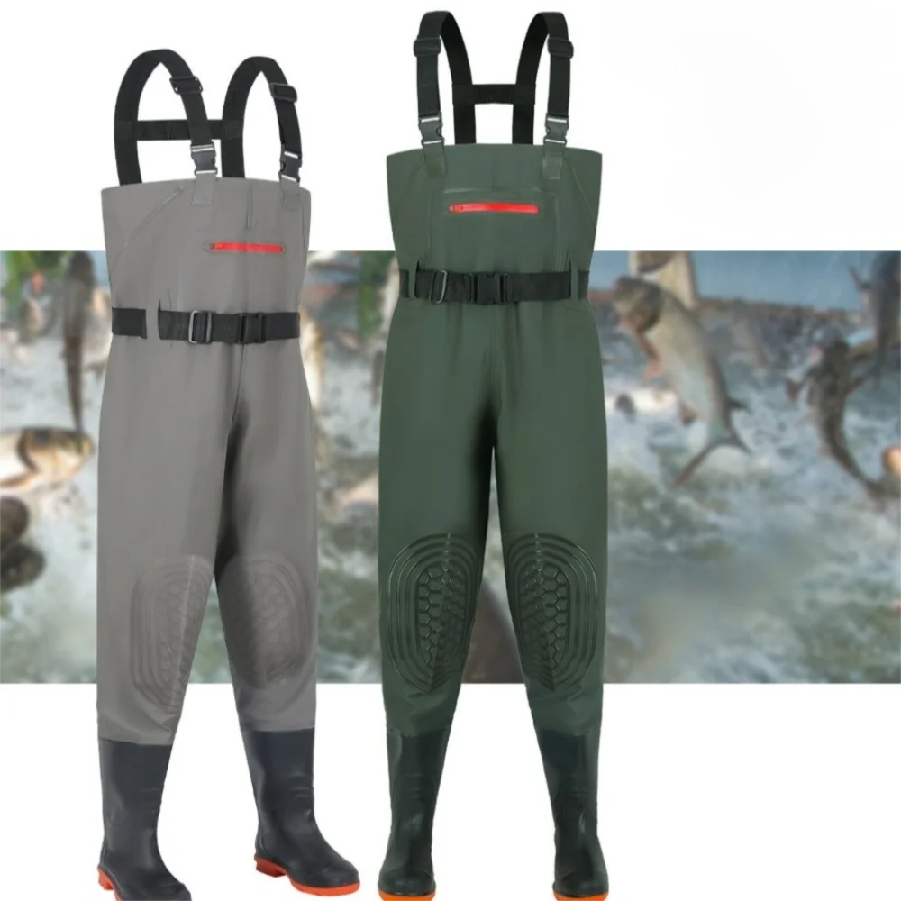Durable PVC Fishing Suit Waterproof Double Knee Pads Wader Pants Thicken Design Overalls with Boots Hunting Farming view 3