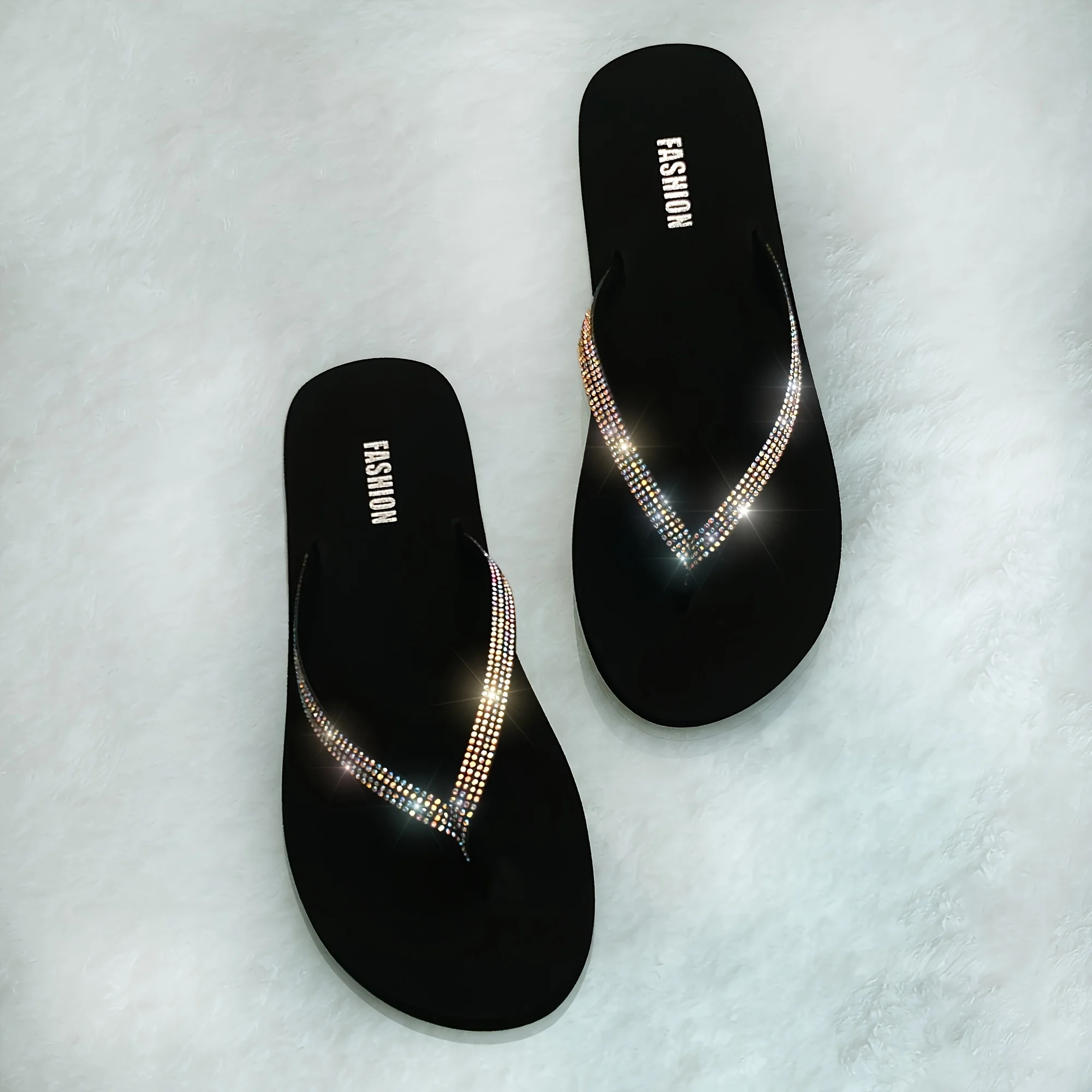 Women's Spring and Summer Fashion Trend Eva Flat Sandals with Shiny Rhinestone Decoration, Suitable for Indoor and Outdoor Use, Versatile Flip-Flops