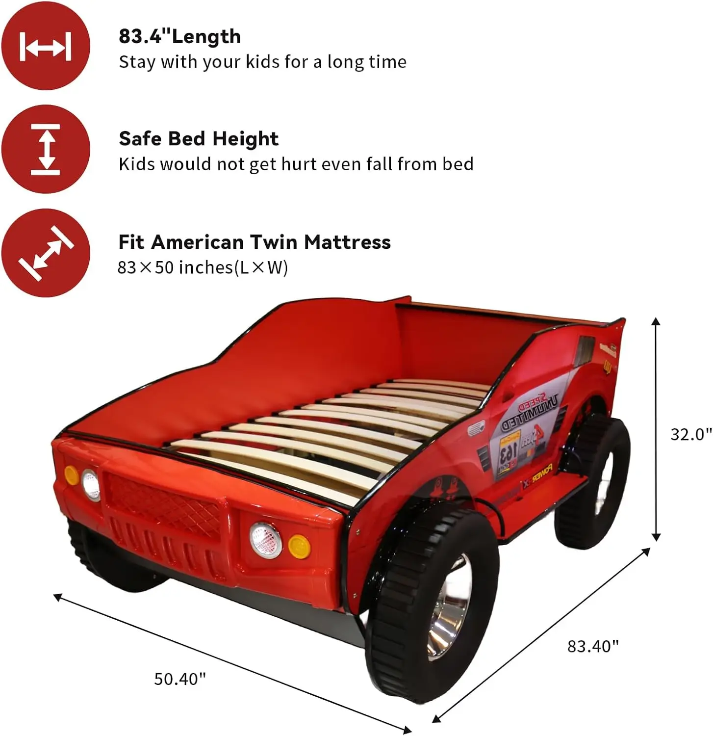 Unlimited Speed Twin Jeep Bed,Kids Off-Road Racecar Bed With Led Headlights And 4 Wheels,Red