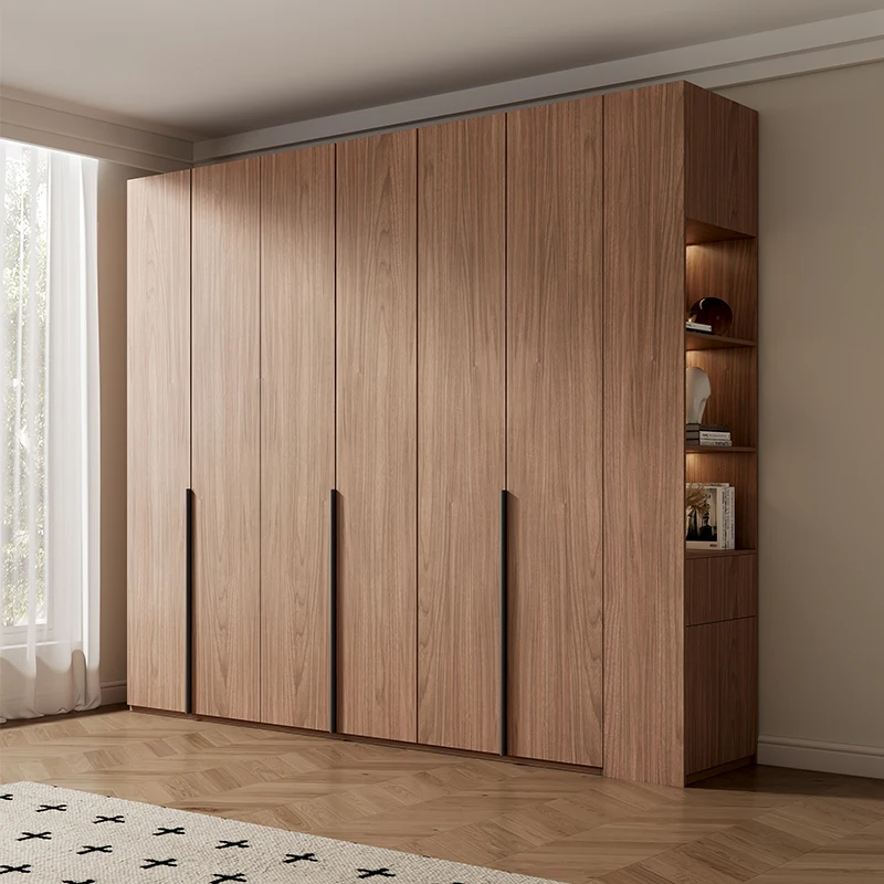 Walnut color wardrobe door to top household bedroom modern simple solid wood storage combination wardrobe