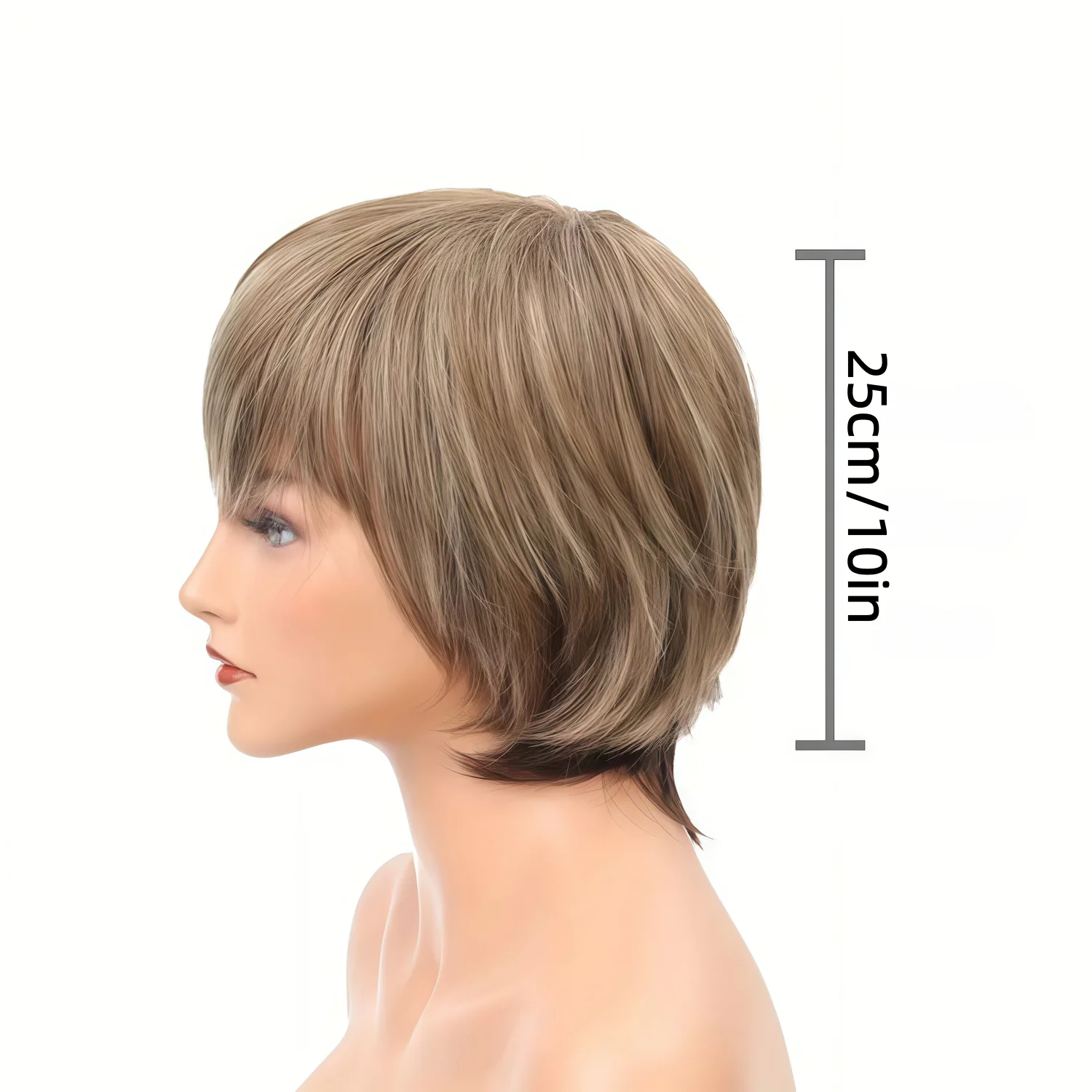 Women's Brown with Blonde Wig Dyed Elf Short Straight Synthetic Wig, Bangs Design - Natural Layering Dyed, Easy for Women