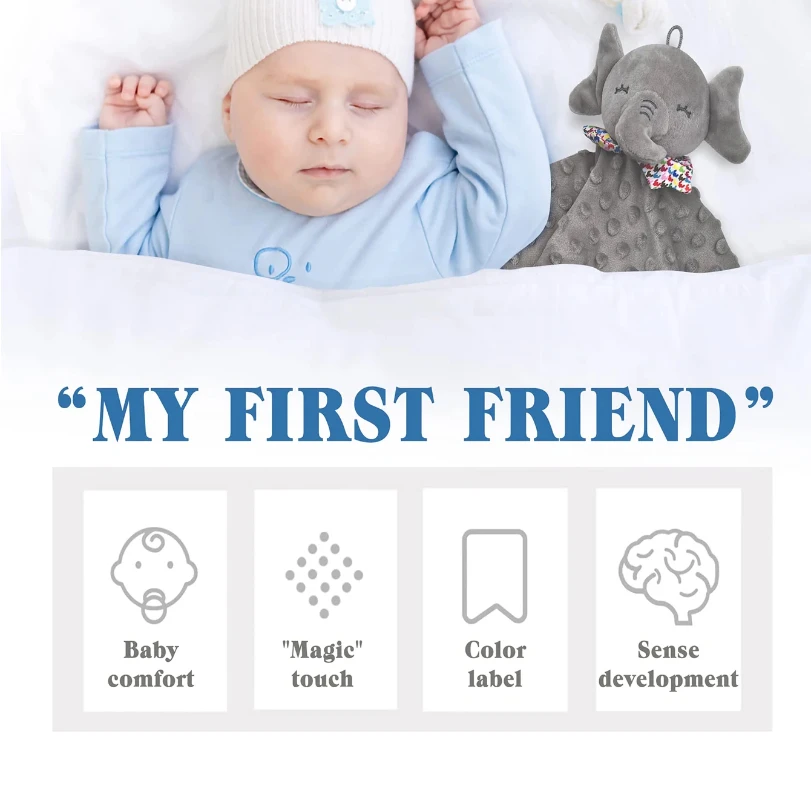 Baby Security Blanket Elephant with Tags Teether Rattles Mobile Soft Blanket Snuggle Toy Stuffed Animal for Babies Newborns Gift