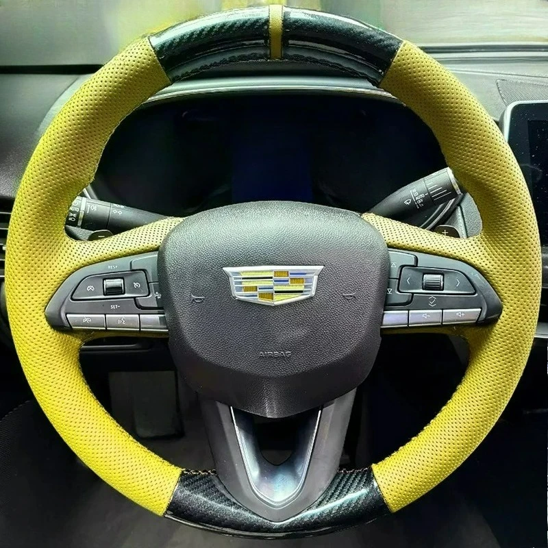 Hand-stitched renovation wear-resistant Non-slip Carbon fiber yellow leather steering wheel cover For Cadillac CT4 2020‑2026