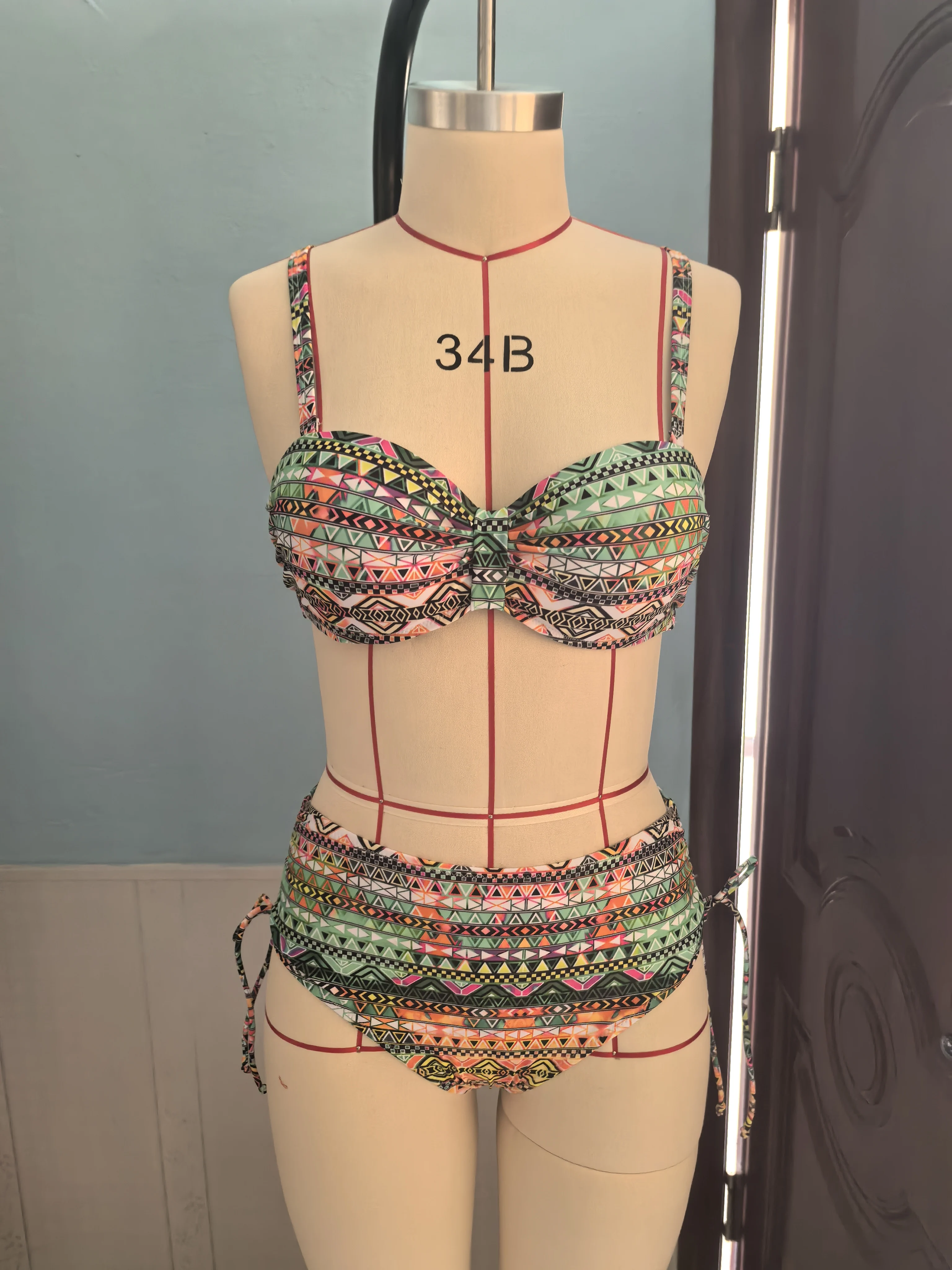 Colorful Geometric Print Sexy Bikini Pants Drawstring Design Bikini Two-Piece Set