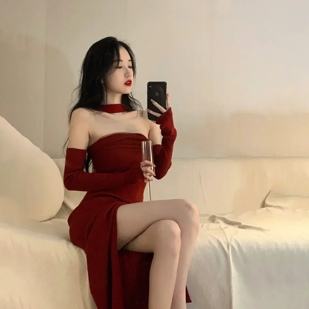 New Red Knitted Y2k Dress Women's Sleeveless Halter Split Sexy Solid Stretch Slim Fit Backless Retro Women's Party Dress Elegant