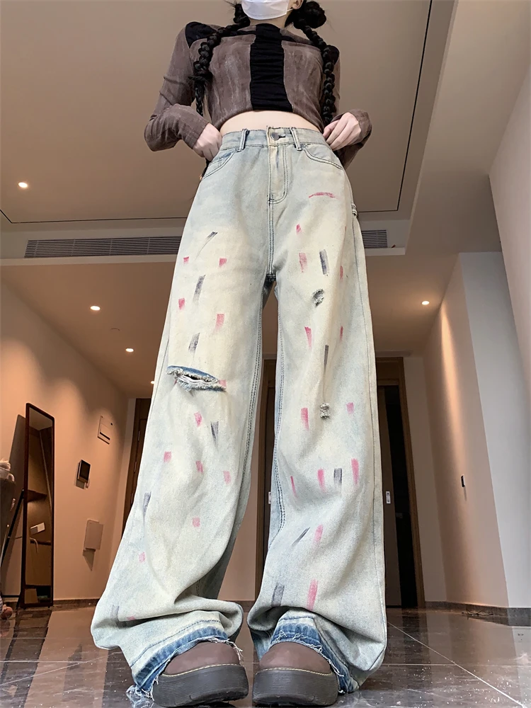 

Women's Ink Splatter Hole Breaking High Waist Unisex Jeans Cool Girl Streetwear Fashion Pants Female Straight Design Trousers