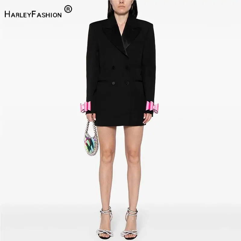 

2024 Autumn Lady Casual Office Wear Notched Double-breasted Bowknot Long Sleeve Women Blazer Dress