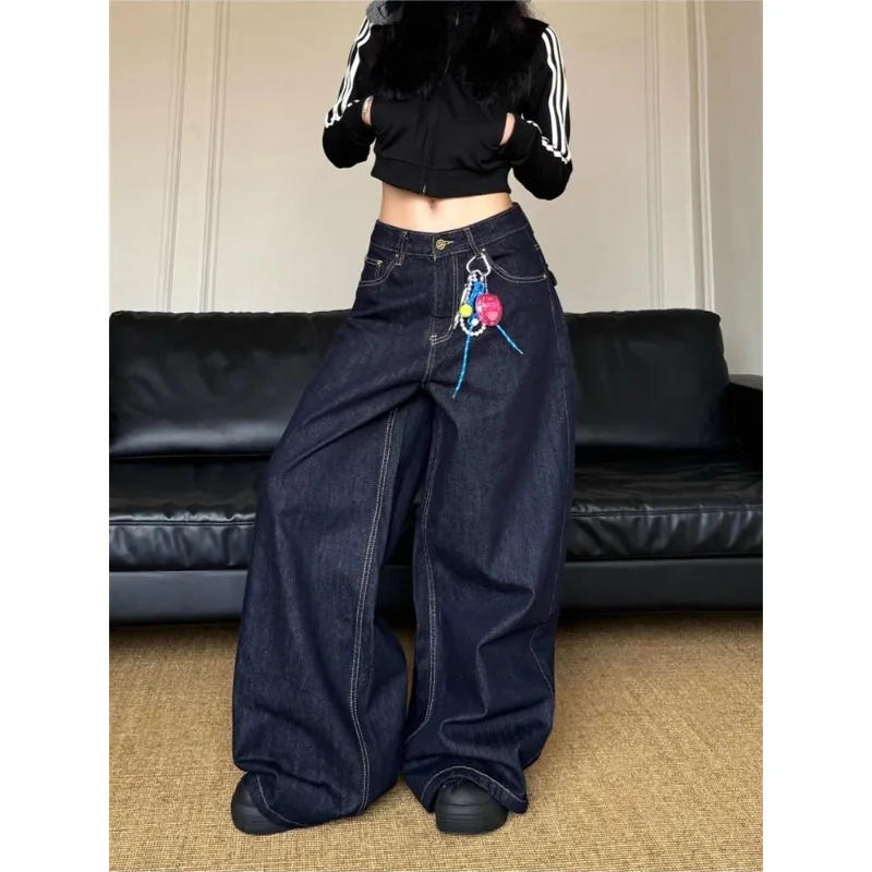 

Vintage Deep Blue Loose Wide Leg Jeans for Women Street Cool Girl High Waist Baggy Pants Female Casual Straight Denim Trousers