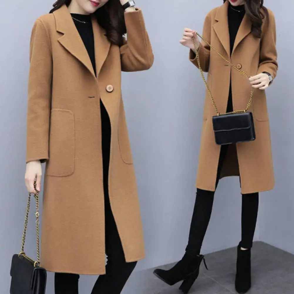 Elegant Women Outerwear Korean Style Women's Winter Coat with Turn-down Collar Mid Length Windproof Warmth Solid Color for Cold