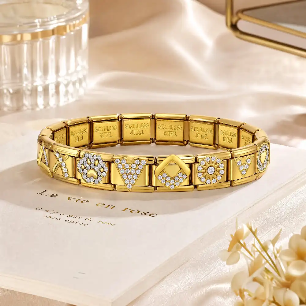 GEMOSA Eleganter Luxus-Edelstahl-Italienischer Charm-Gliederarmband mit eingelegten funkelnden Zirkonia, passend für 9mm Armbänder, DIY-Schmuckzubehör – Detail 2