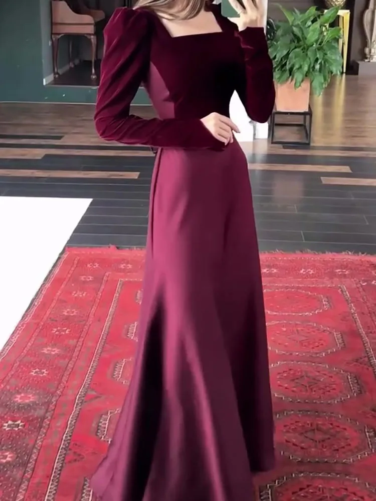 Fall Bandage Slim Dress Vintage Elegant Color Blocked Long Sleeve Dress Temperament Square Collar High Waist Satin Evening Dress