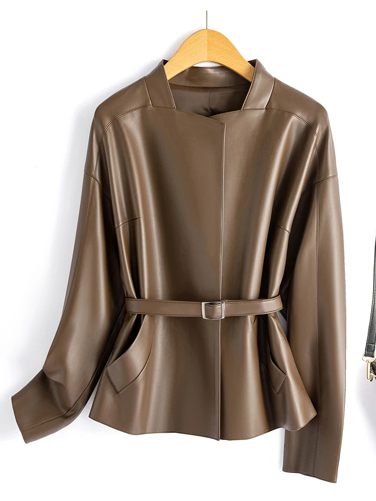 여성용 가죽 자켓 루즈한 허리 디자인 한국 스타일 봄 가을 신상품 정품 양가죽 코트 긴 소매 지퍼