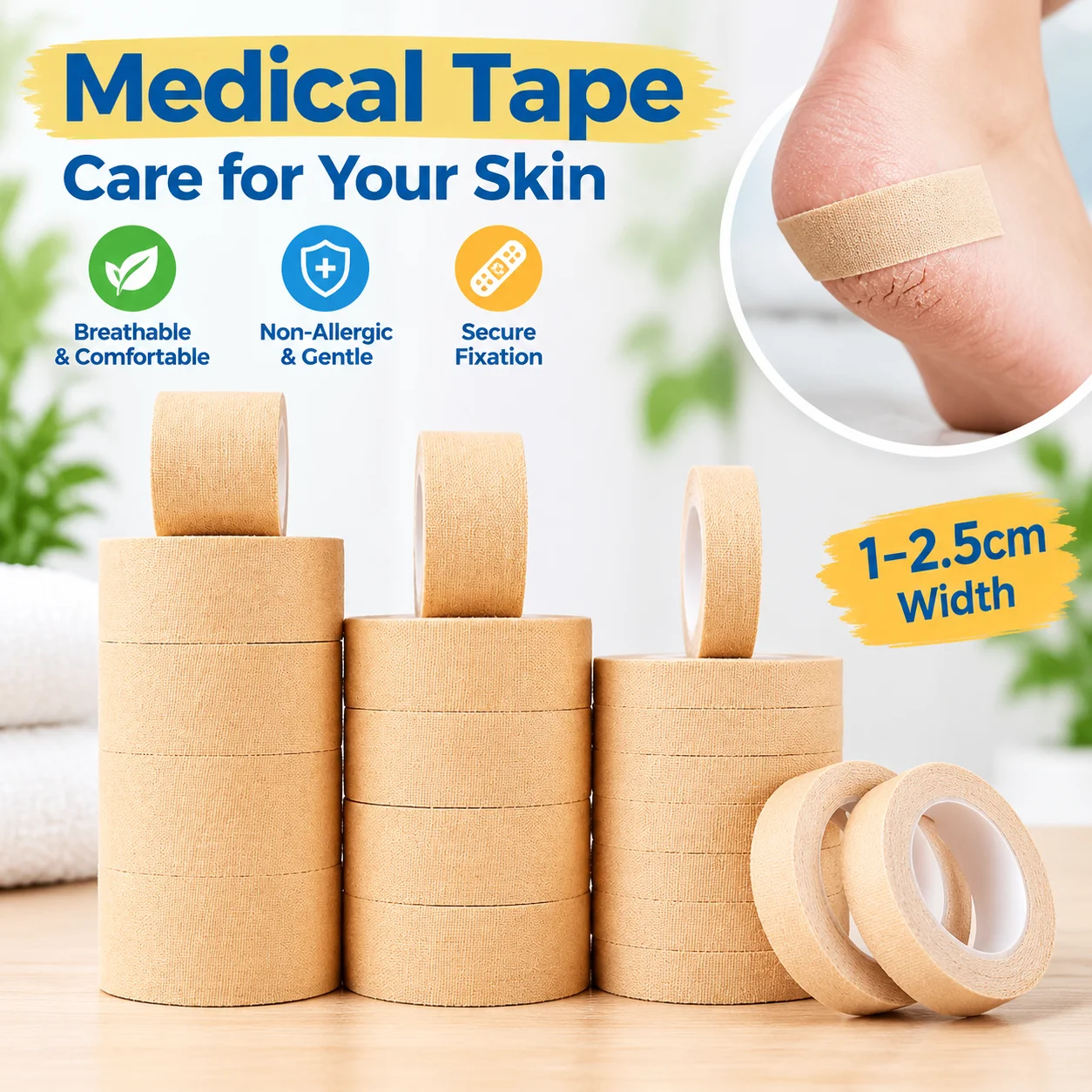 Cotton Medical Tape for Cracked Skin Hand Foot Heel Fixing Dressings Breathable Non-Allergic 1-2.5cm Width