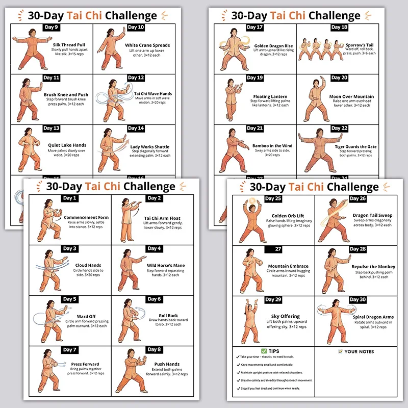 4pcs 30-Day Tai Chi Challenge Workout Sheet Guide, Martial Arts Exercise Guide Wall Art, Workout Routine Chart for Home Gym
