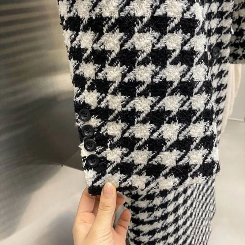 Houndstooth Blends Women Long Coats Vintage Elegant High Street Autumn Winter Stylish French Version Notched Clothing for Ladies