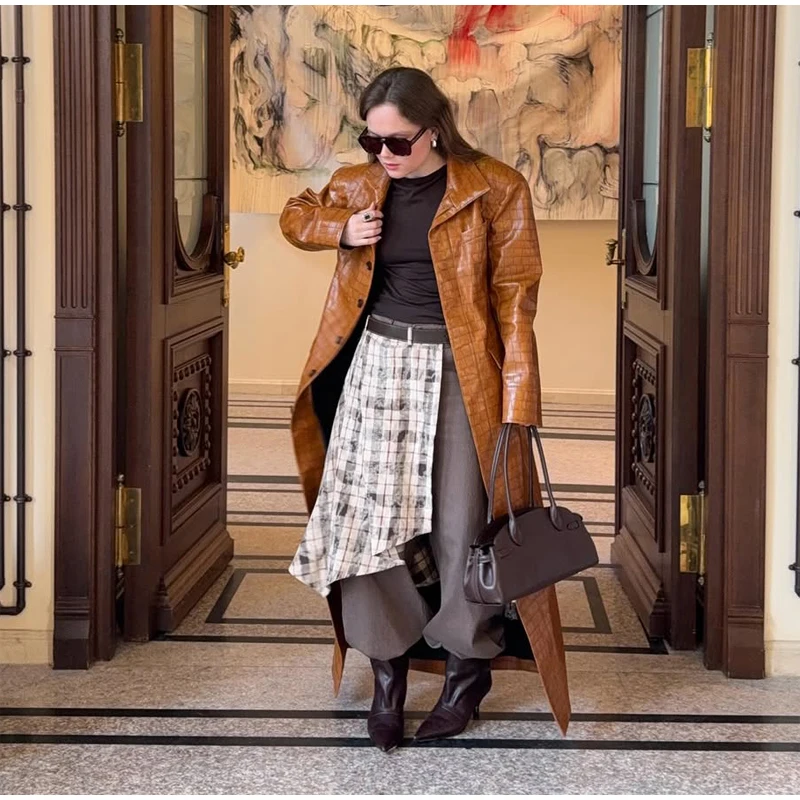 Crocodile Embossed Faux Leather Long Jackets Chic Wide Lapel Belted Waist Quarter Sleeve Loose Coat Women Street Chic Outfits