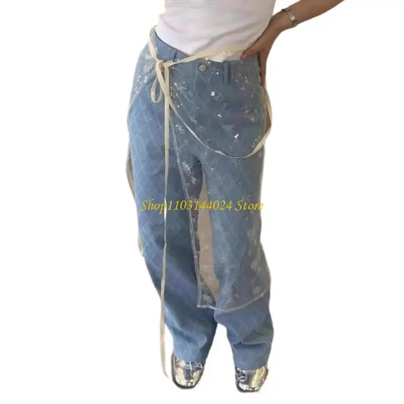 

N5KE Женская винтажная прозрачная юбка с завязками и цветочными кружевами, длинная юбка-фартук, закрывающая верхнюю юбку