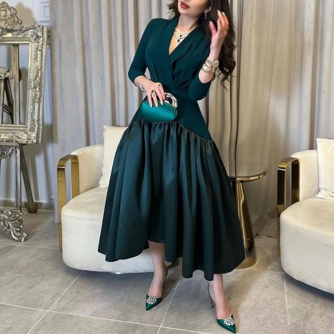 

Blackish Green Prom Dresses V Neck Three Quarter Cocktail Party Evening Women Wear Ruched A Line Night Club Saudi Arabia Gowns